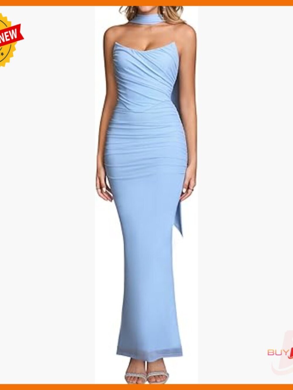 Strapless Corset Maxi Dress with Scarf, Ruched Mesh Formal Gown